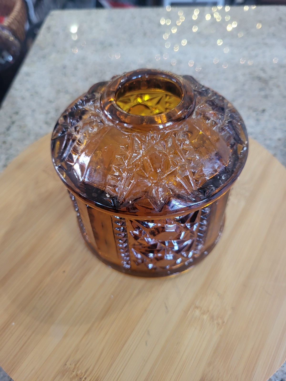 Vintage Indiana Glass Amber Stars and Bars Fairy Lamp Top Only