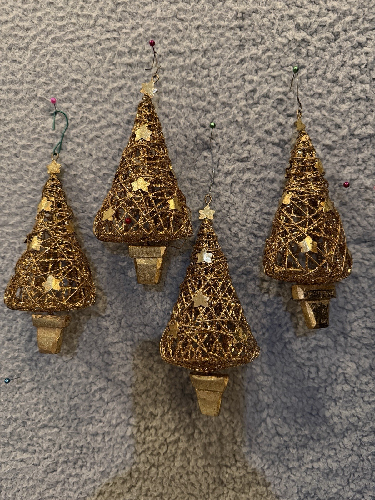 Dept 56 VTG Set 4 Gold Wire Christmas Trees Shaped w/Stars Ornament 6″ Tall