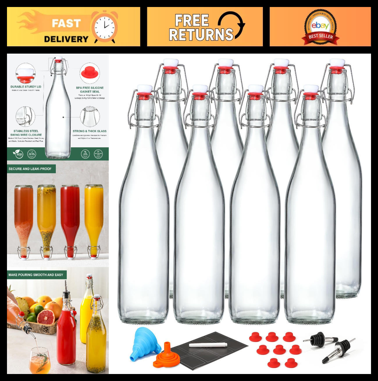 8 Pack 1L Swing Top Glass Bottles with Airtight Lids for Brewing, Kombucha, Mead