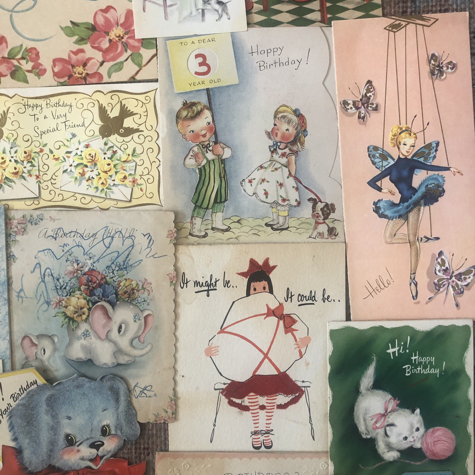 Vintage Greeting Cards 50s 60s Scrapbook Damage Lot of 110 Fronts Kids Birthday