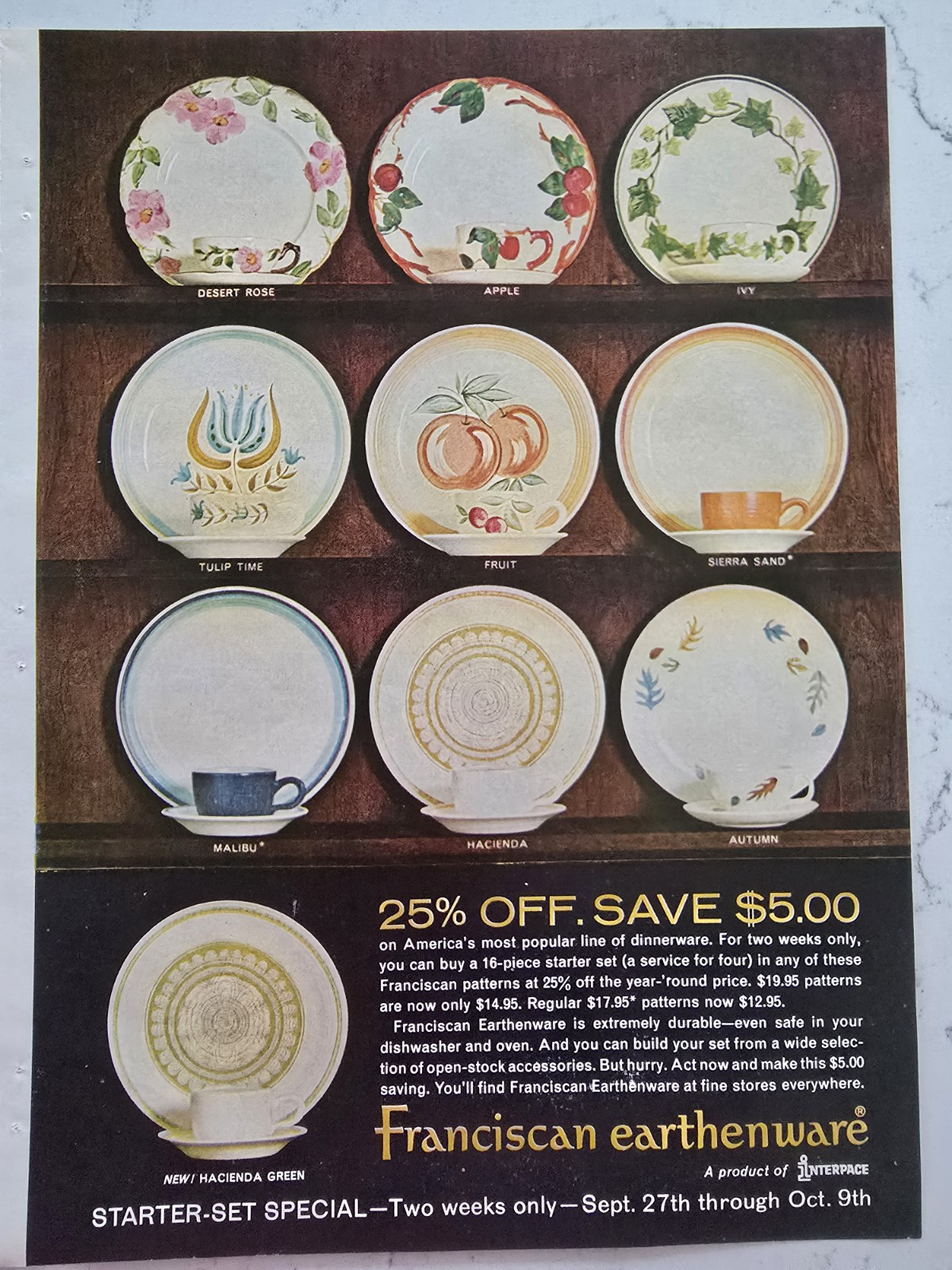 1965 Franciscan earthenware Desert Rose Tulip Time Ivy Apple Hacienda vintage ad