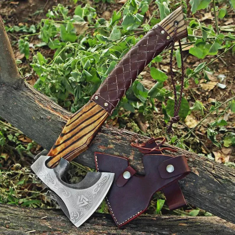 Handmade Viking Ragnar Axe Carbon Steel Engraved Ash Wood Handle Norse Gift