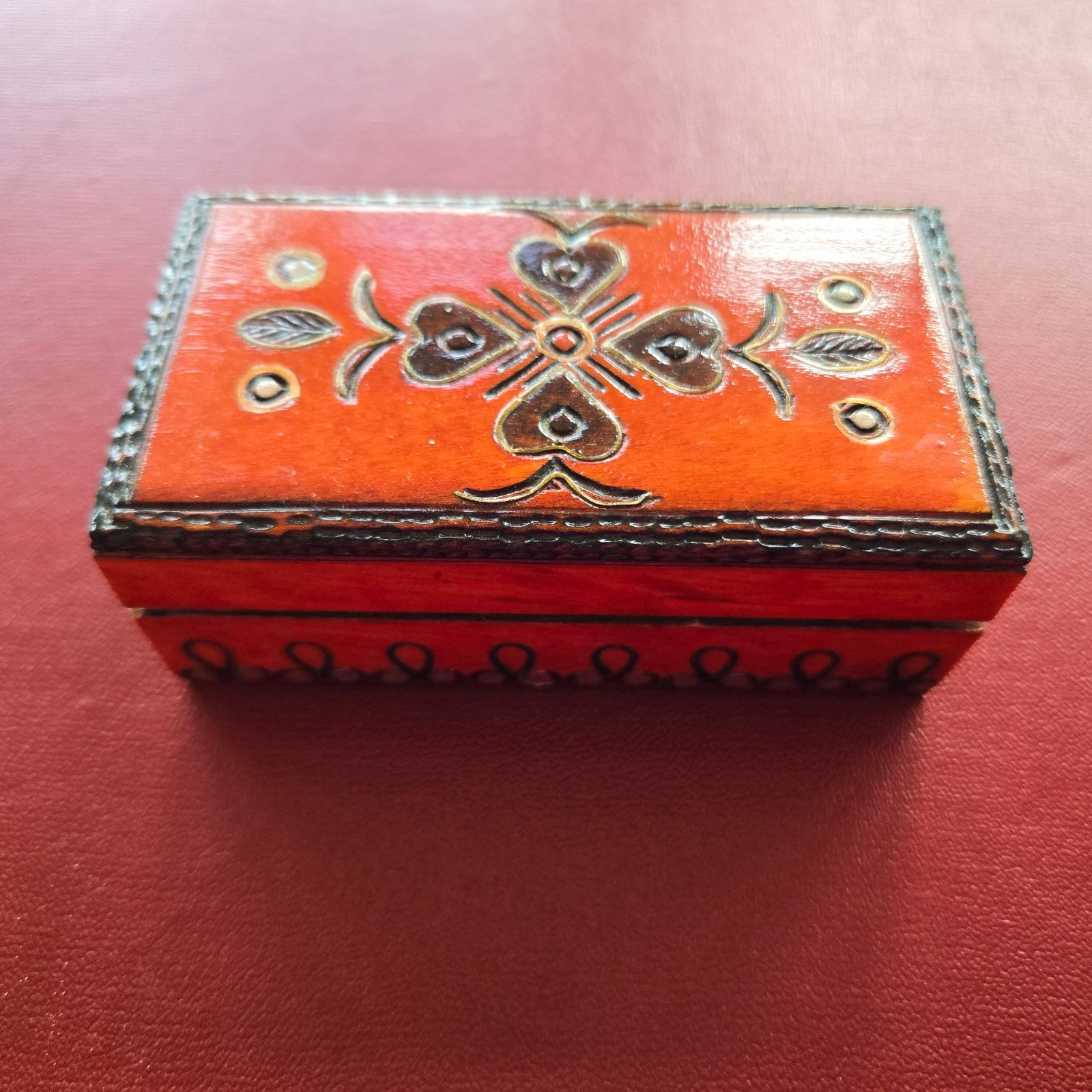 Polish Tatra mountain handcrafted red wooden jewelry box hand painted carvings