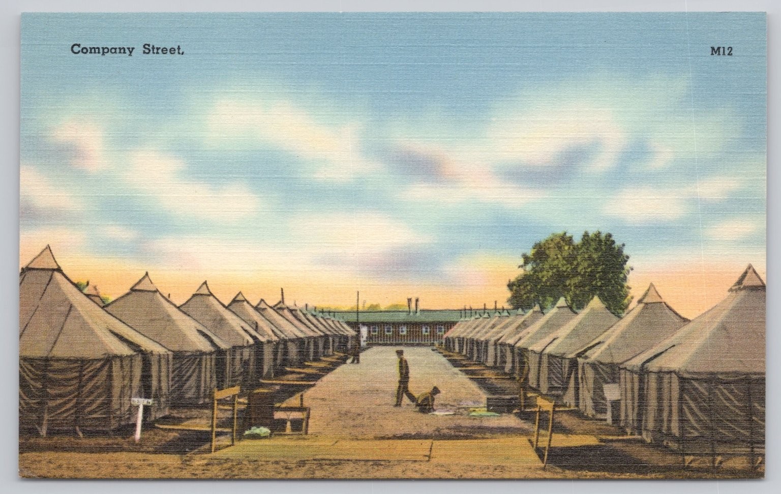 WWII Military Army Training Camp Company Street Tichnor Linen Postcard M12