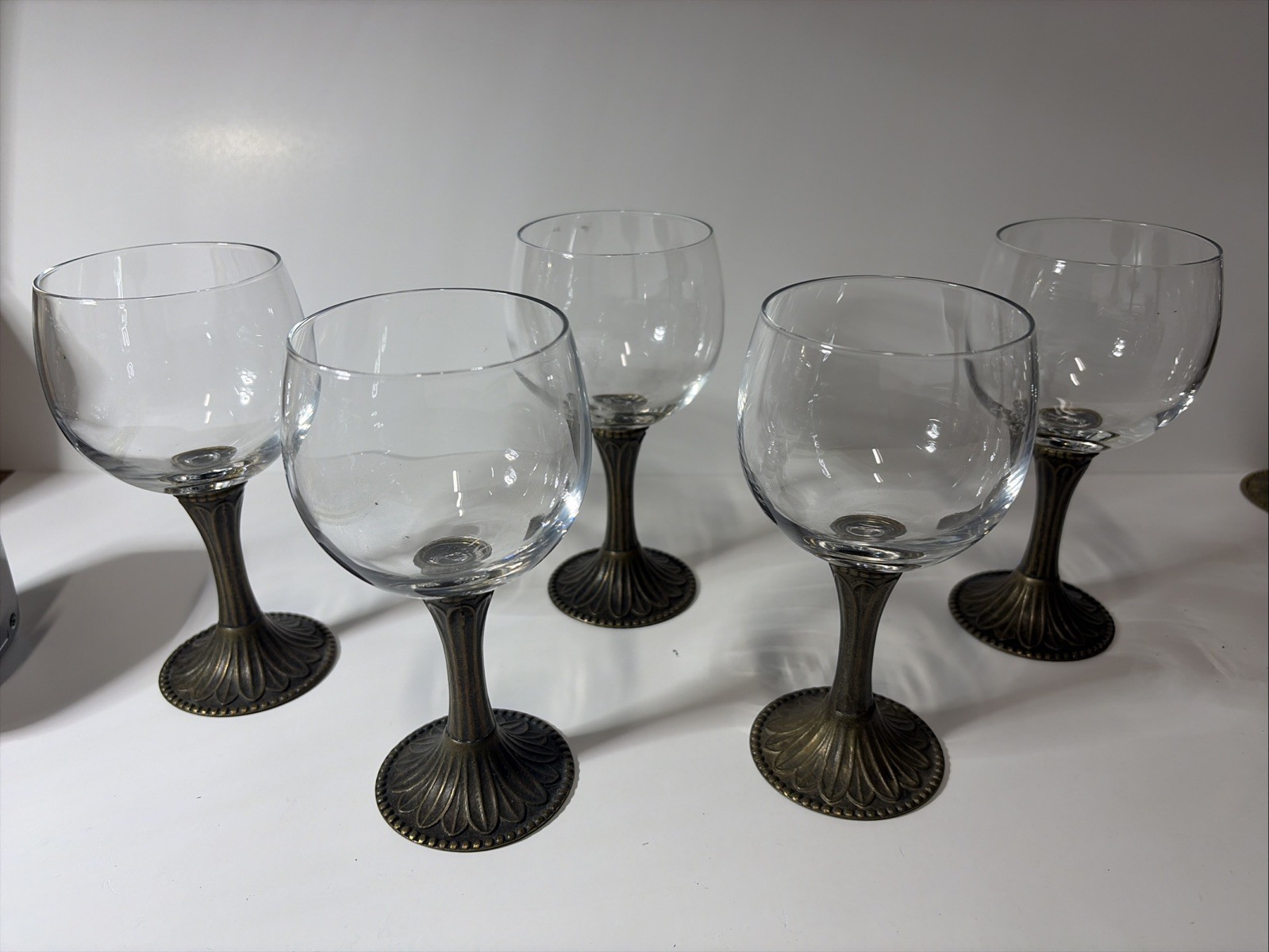 Set Of 5 Vintage Brass And Glass Wine Glasses Ornate 5 3/4 Inches