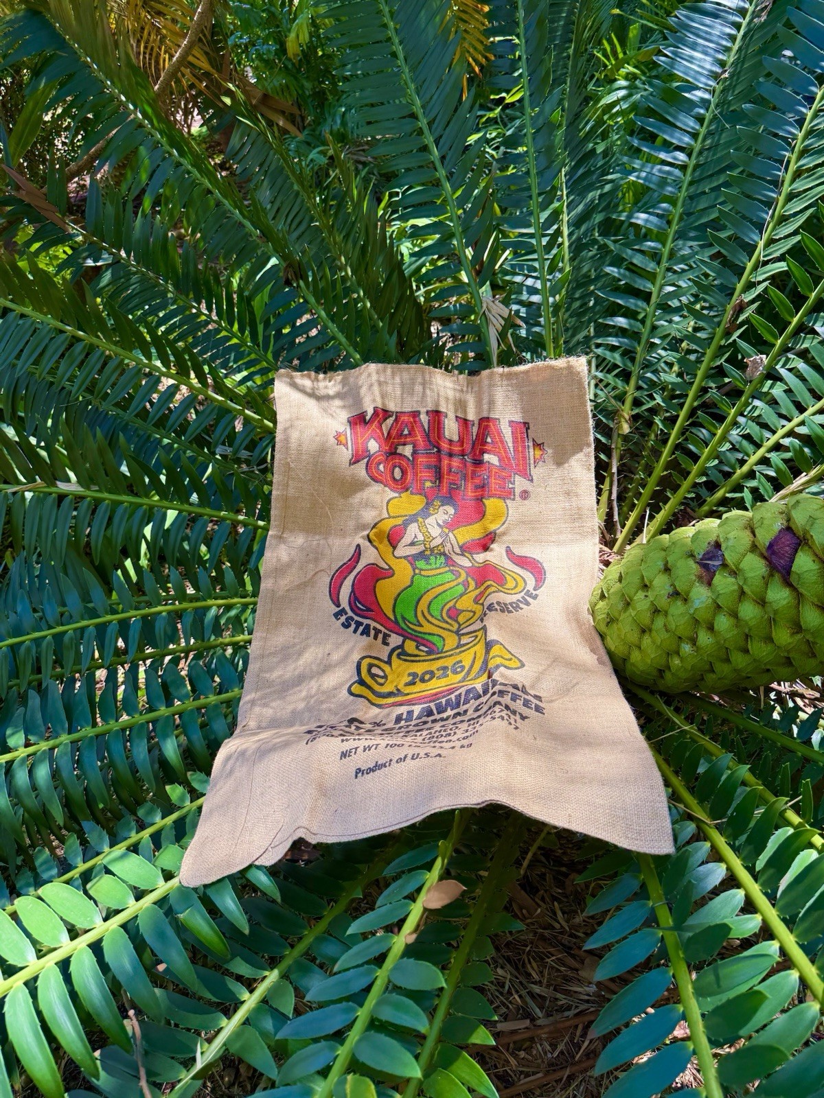 2026 KAUAI COFFEE Hawaiian Hula Girl Estate Reserve Burlap Coffee Bag NEW