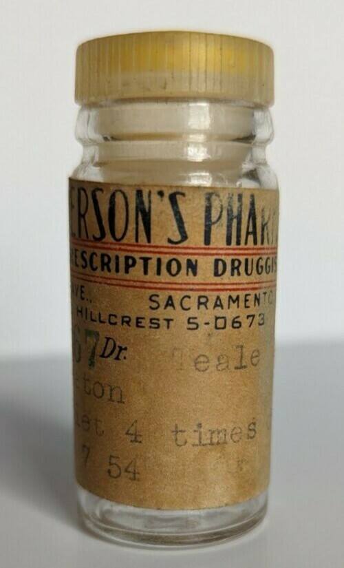 Vintage Pierson’s Pharmacy Glass Bottle (Sacramento) with Cap 9-7-1954