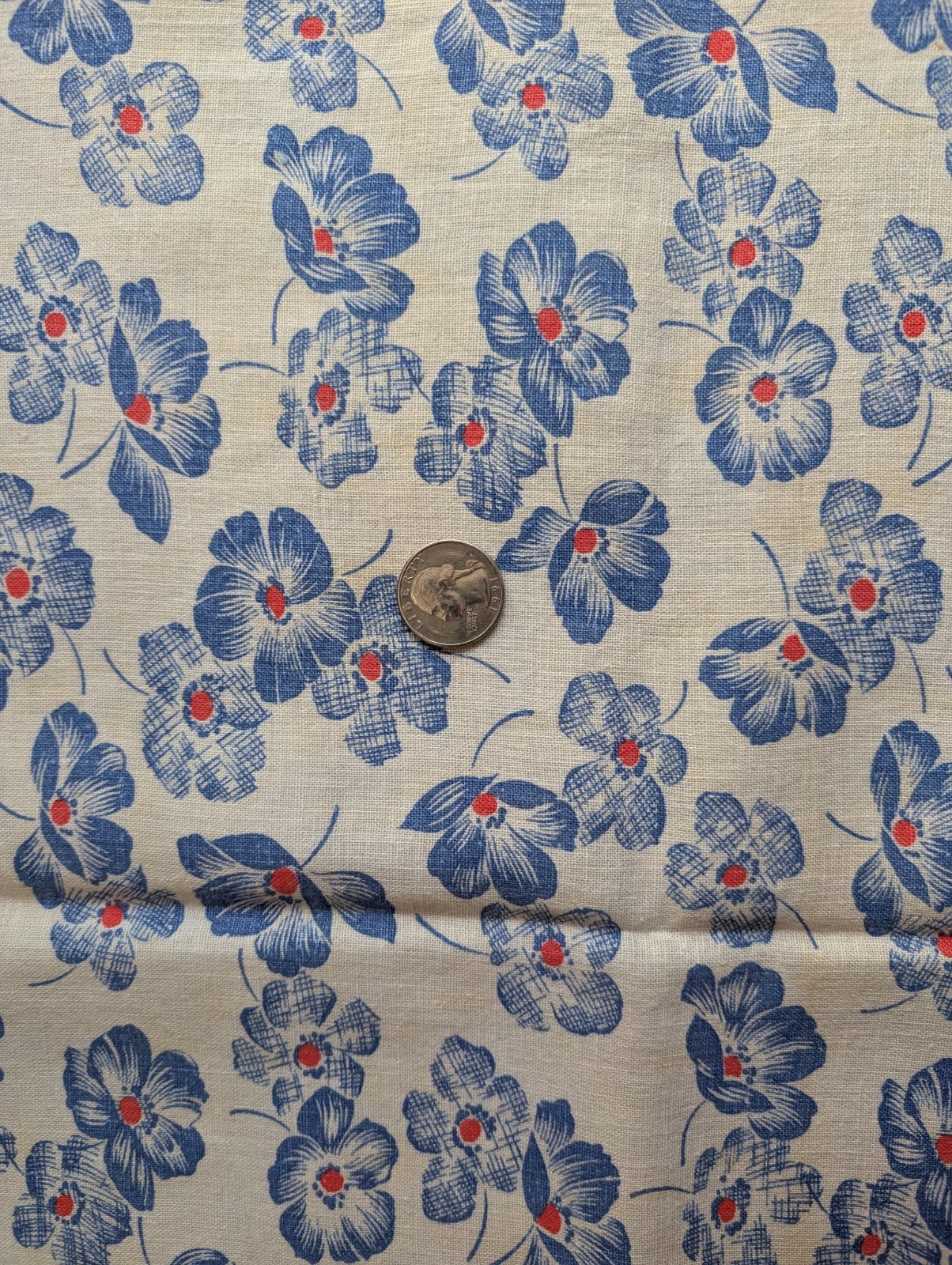 Vintage feedsack fabric, white background with blue flowers, 29×36” remnant