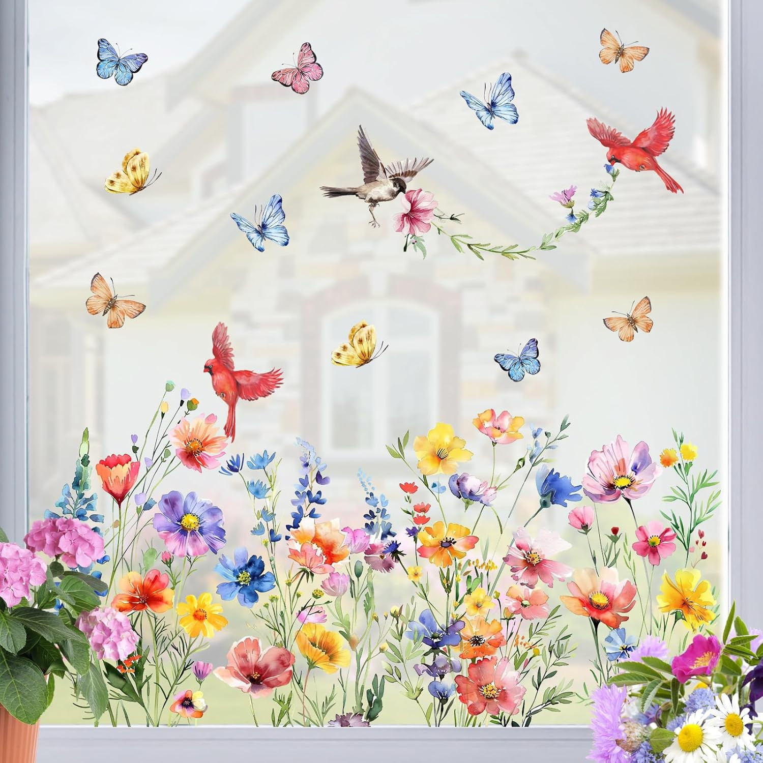 Spring Summer Floral Birds Window Clings, Watercolor Flower Butterfly Cardina…