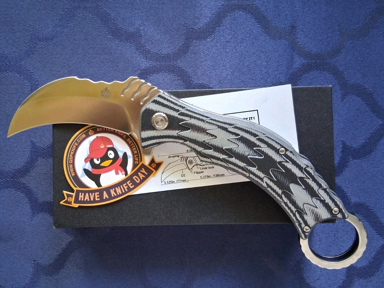 🔥 QSP – Eagle Karambit Folding Knife w/Black D2 Blade & G10 Handle (QS120-E)