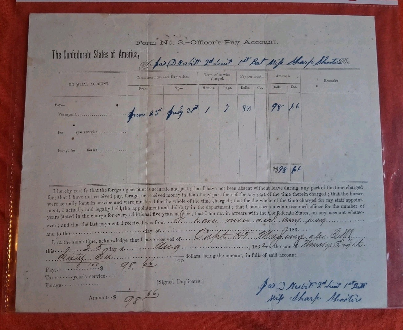 CONFEDERATE LIEUTENANT MISSISSIPPI SHARPSHOOTER KIA SIGNED CSA PAY DOC. Letter