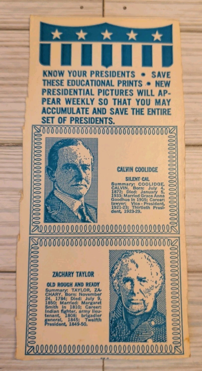 VTG “Know Your Presidents” Collector Fact Card 3.5″x7.5″ Coolidge & Z Taylor