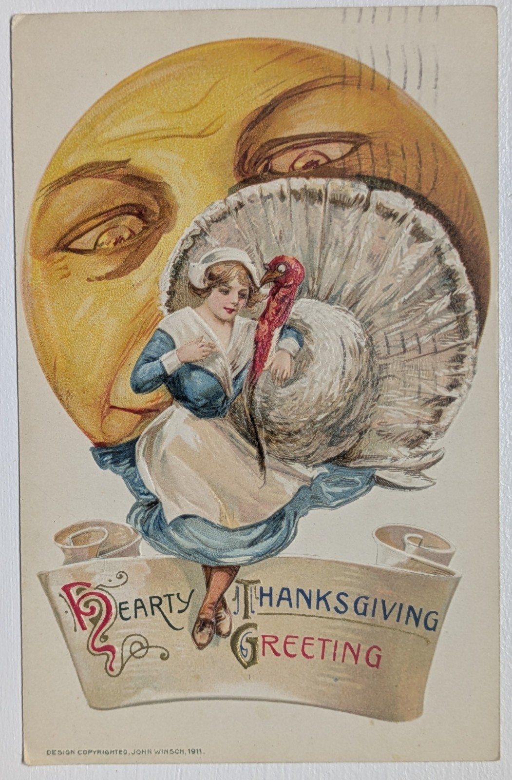 1911 John Winsch Thanksgiving Postcard Pilgrim Girl Turkey Moon Schmucker Lynn M
