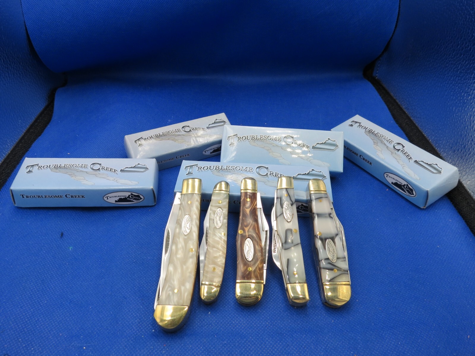TROUBLESOME CREEK 5 KNIVE COLLECTION BEAUTIFUL CELLULOID HANDLES ASSORTMENT