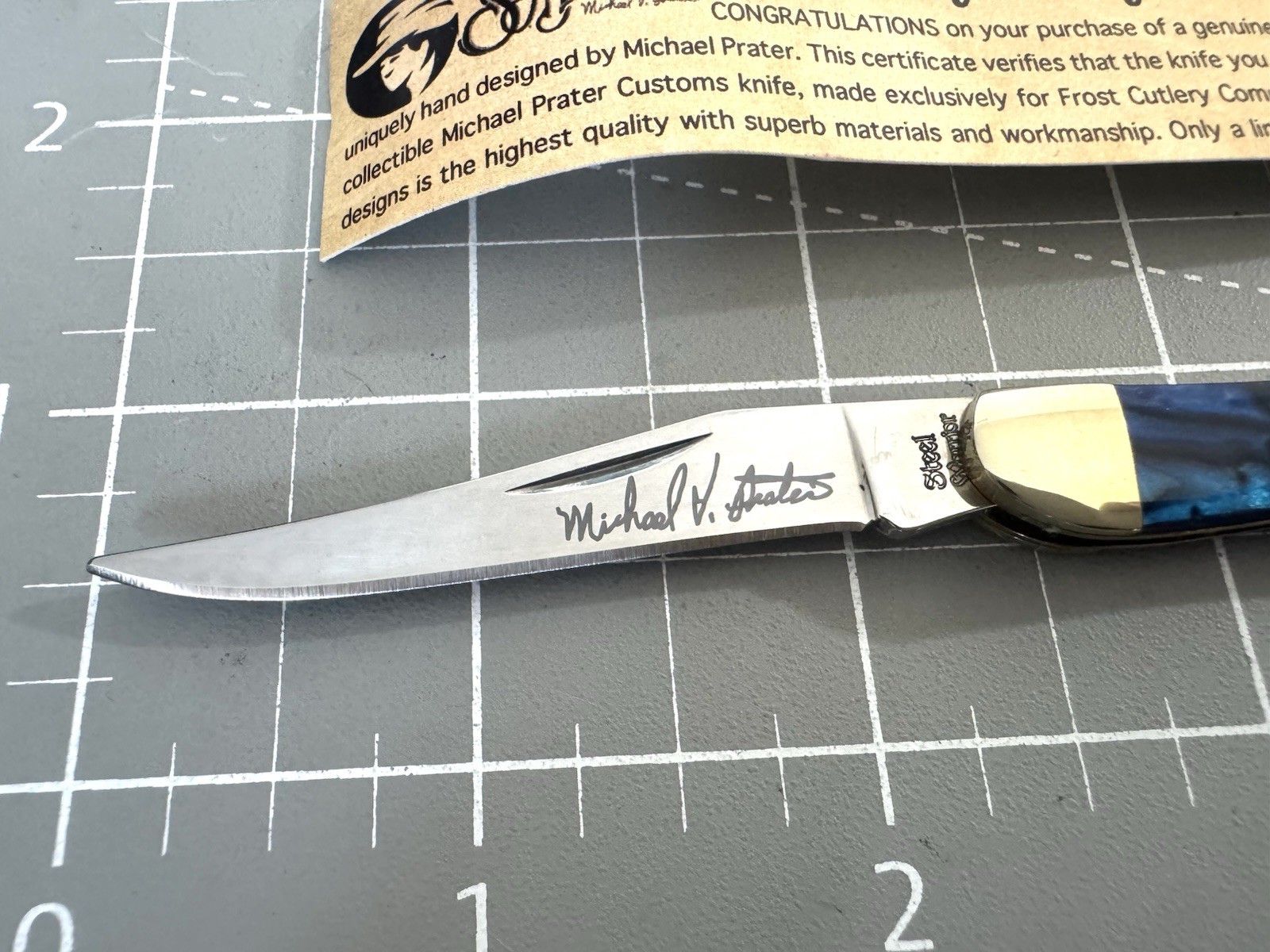 MICHAEL PRATER SW-109MP/BV Blue Velvet Swirl Resin Handle Toothpick Knife NIB