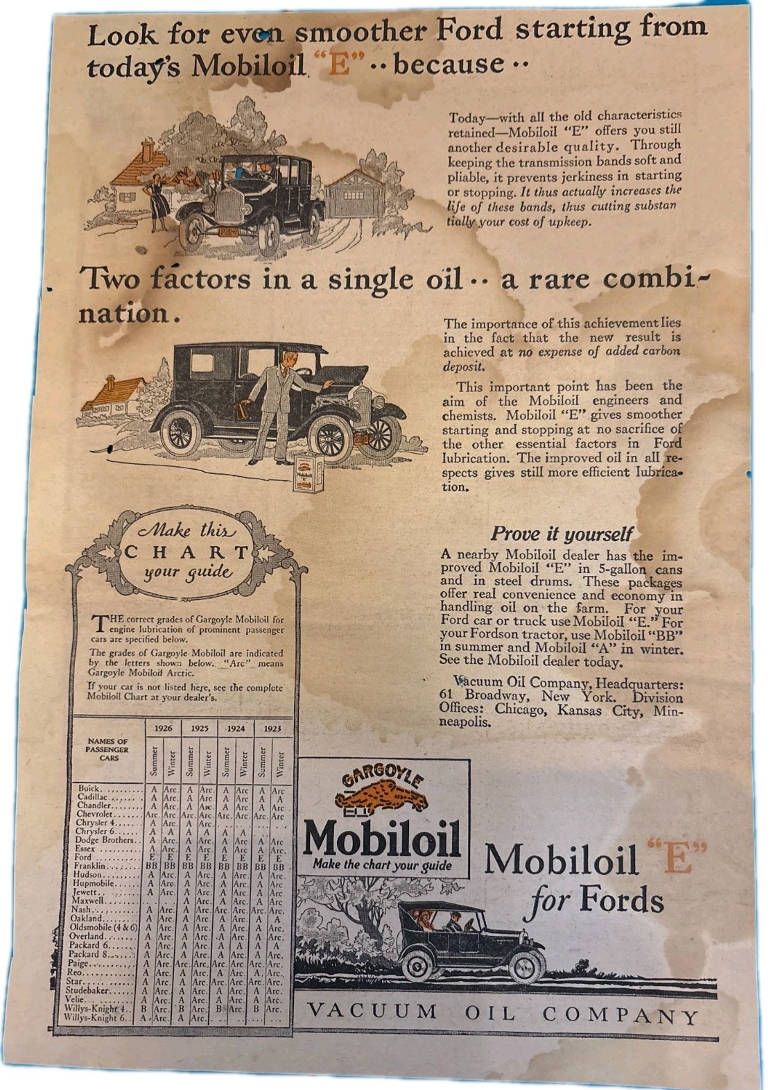 1926 Gargoyle Mobiloil E For Fords Print Ad Vacuum Oil Petroliana Model T Chart