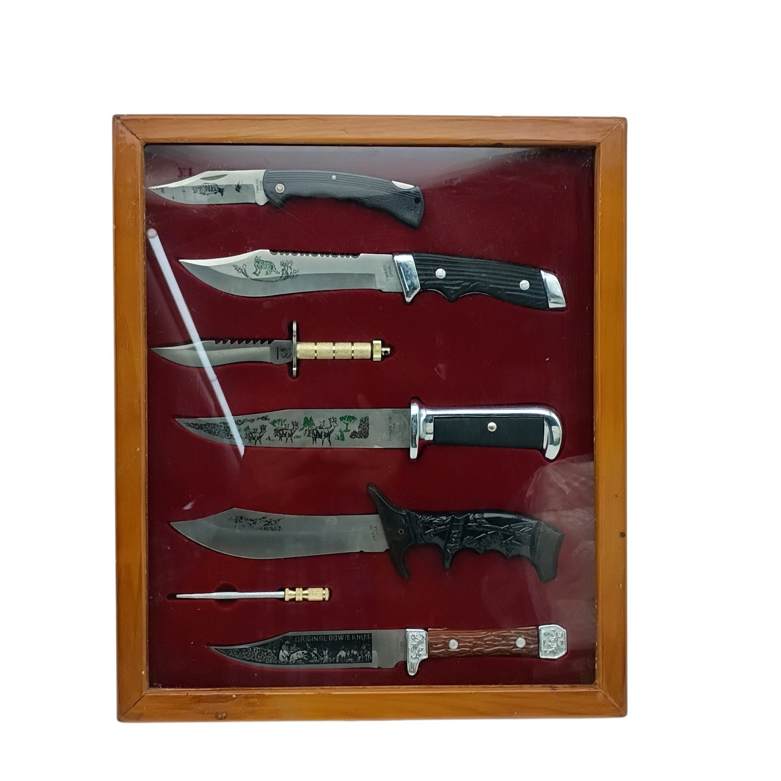 7 Pc Bowie Style Knife Set Wood Display Case Stainless Steel Vintage Decor