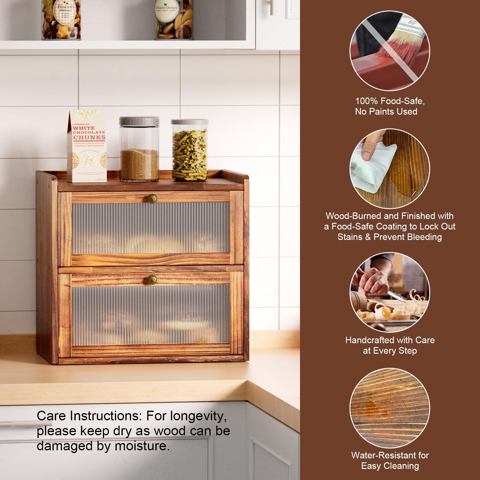 Wooden Bread Box for Kitchen Countertop, Large Bread Storage Container Bin for D