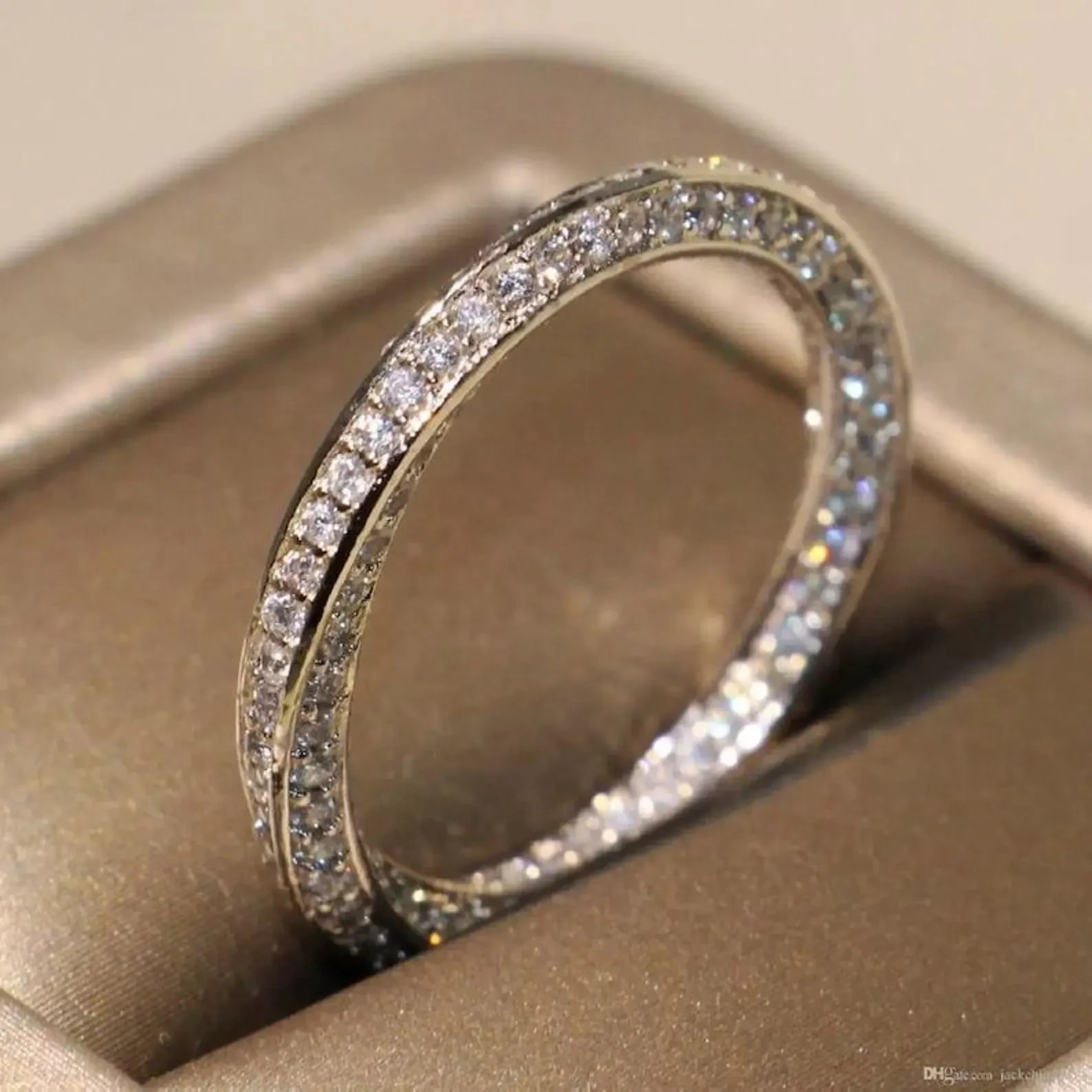 Delicate Diamond Full Eternity Twisted Wedding Band Ring in14K White Gold Over