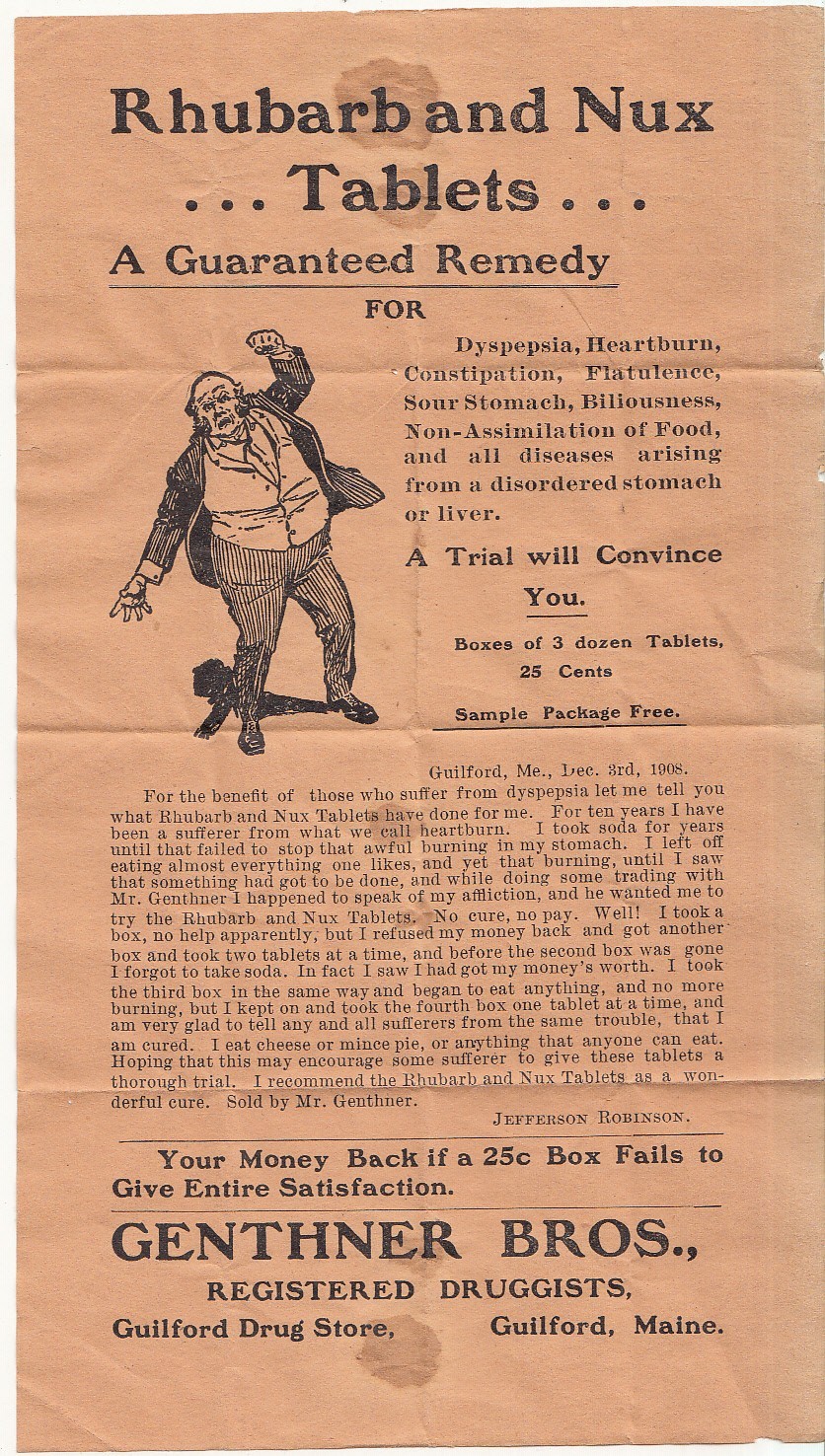 Genther Bros Rhubarb & Nux Tablets Gullford Drug Store ME Leaflet