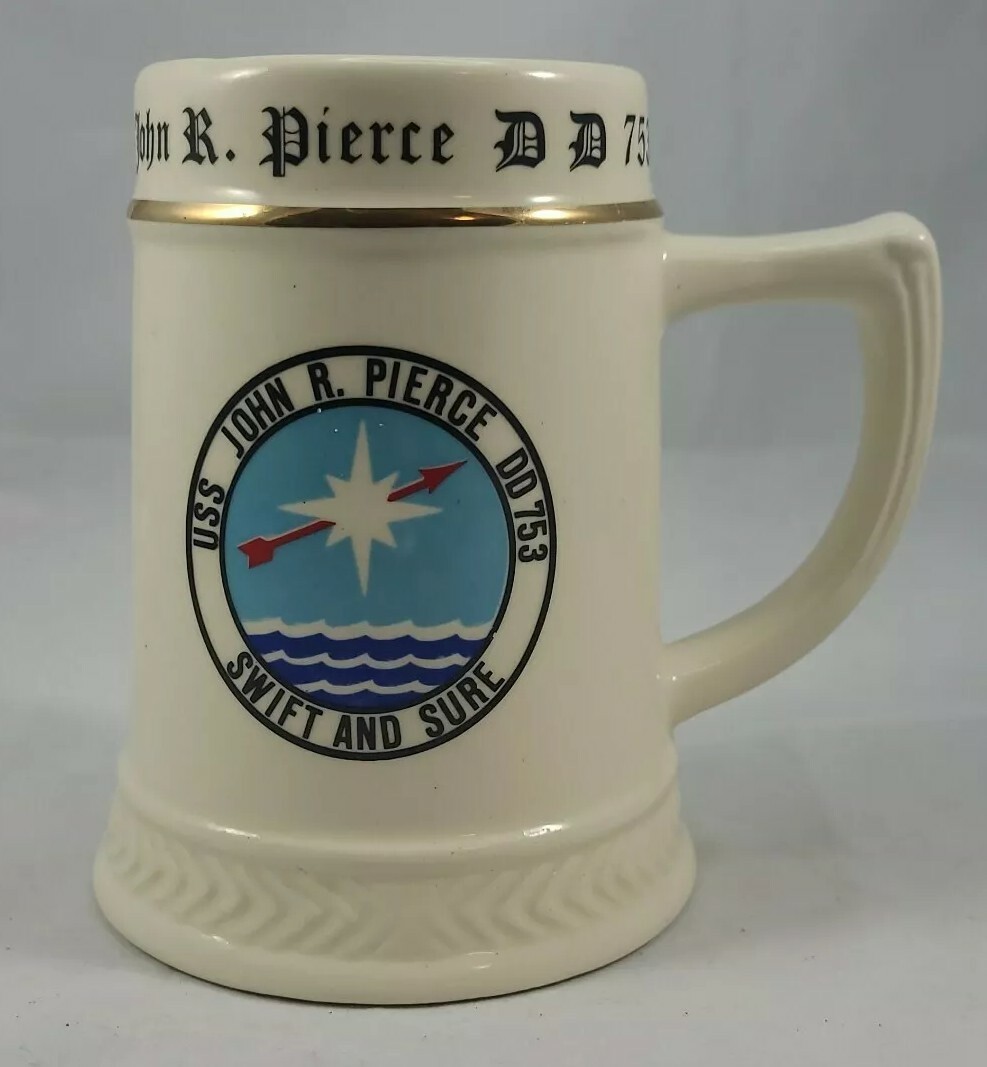 USS JOHN R. PIERCE DD 753 Ceramic Beer Stein Mug Swift & Sure Made in USA