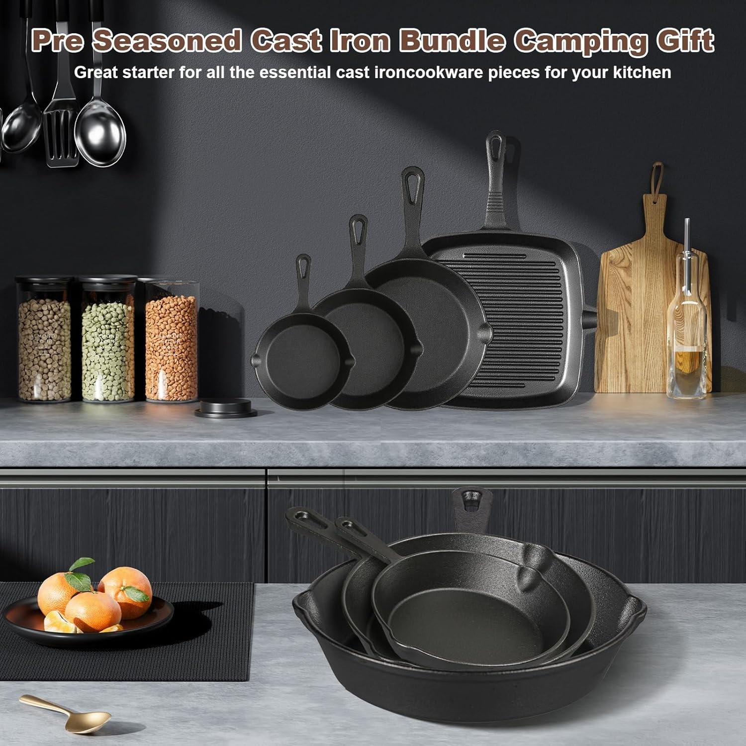 4-Piece Cast Iron Skillets: Pre-Seasoned, Durable & Energy Efficient Cooking Set