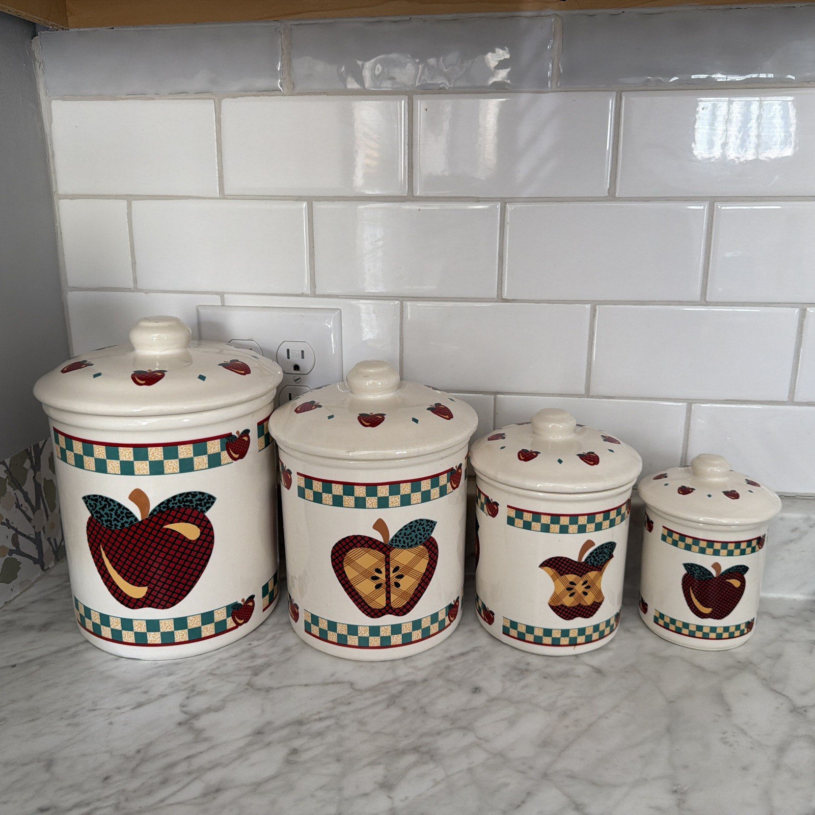 Vintage/Retro ‘A Is For Apple’ Ceramic 4-Piece Canister Set with Lids