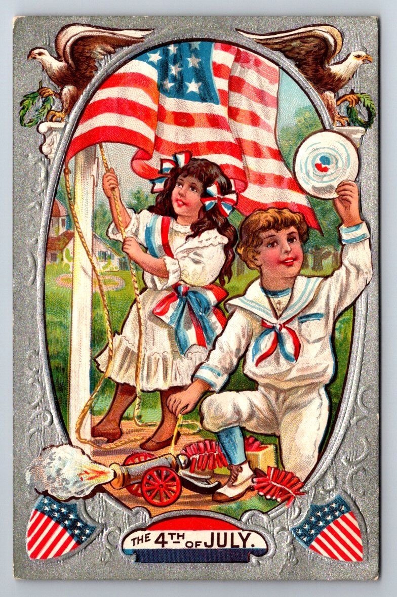 C1910 Patriotic Postcard, July 4th Boy and Girl with Flag and Toy Canon