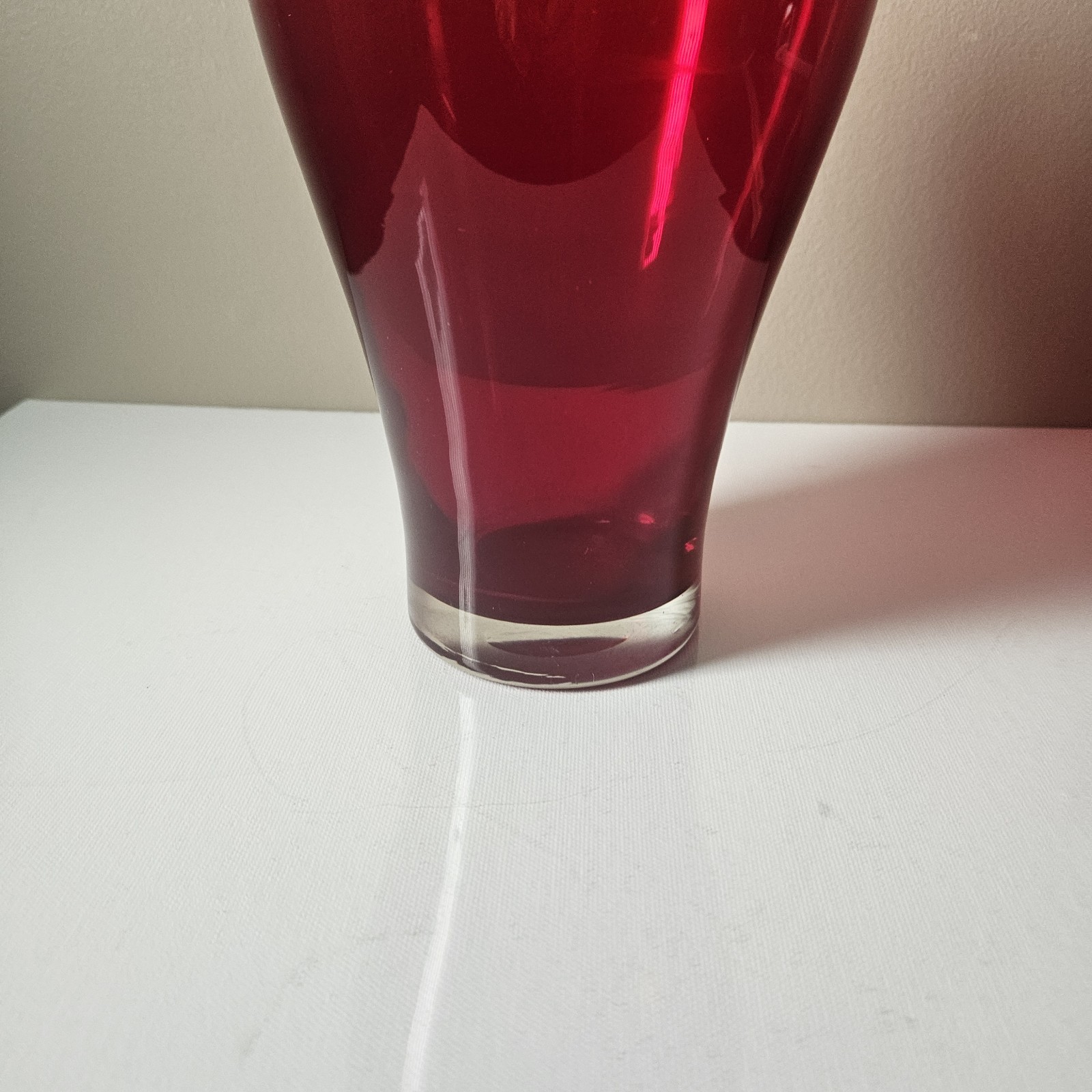 Vintage Ruby Red Glass Vase Clear Base Hand Blown Vibrant Red 11″ Gorgeous!