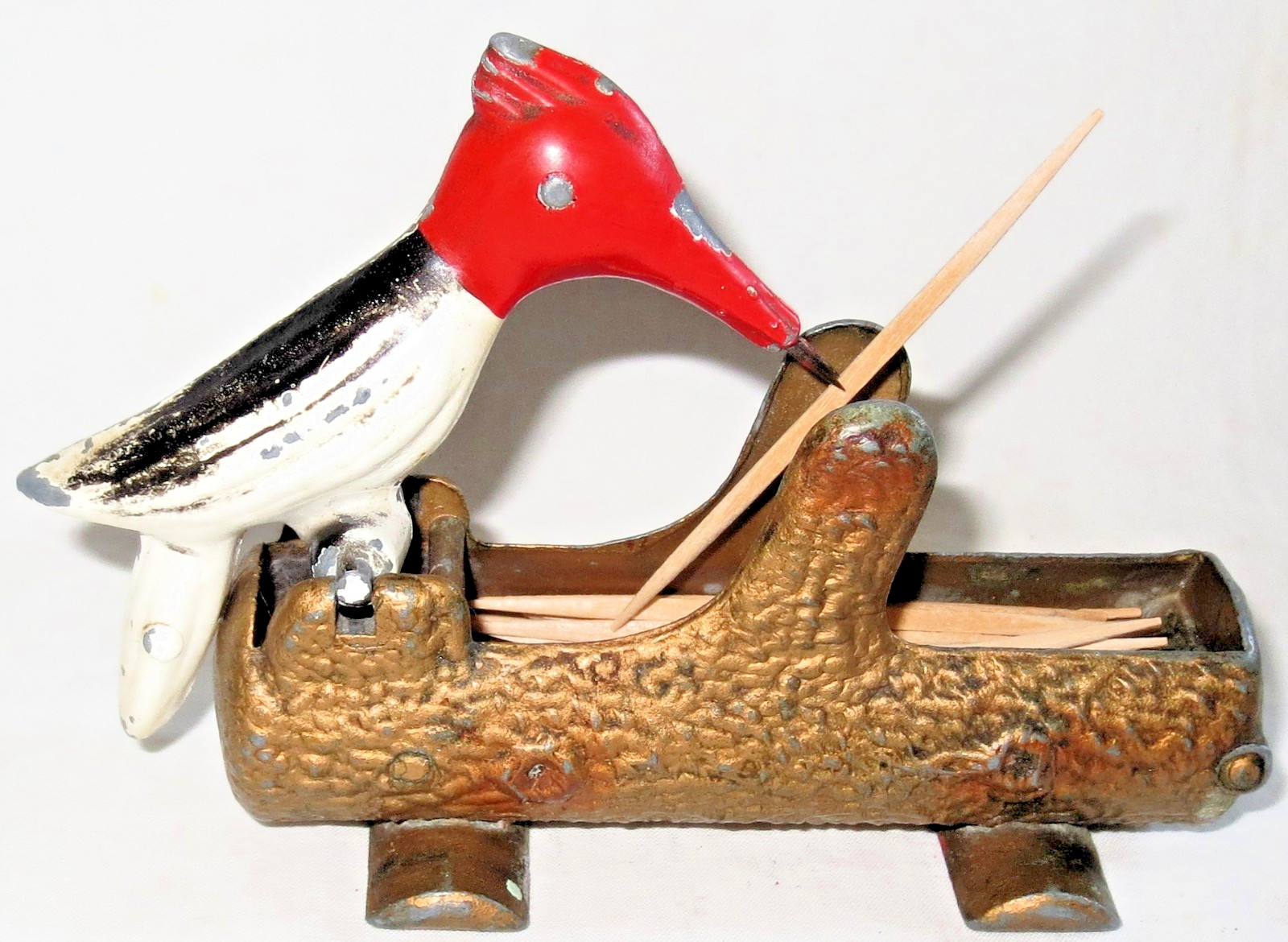 1950’s Metal Redheaded Woodpecker On A Log Toothpick Dispenser Holder