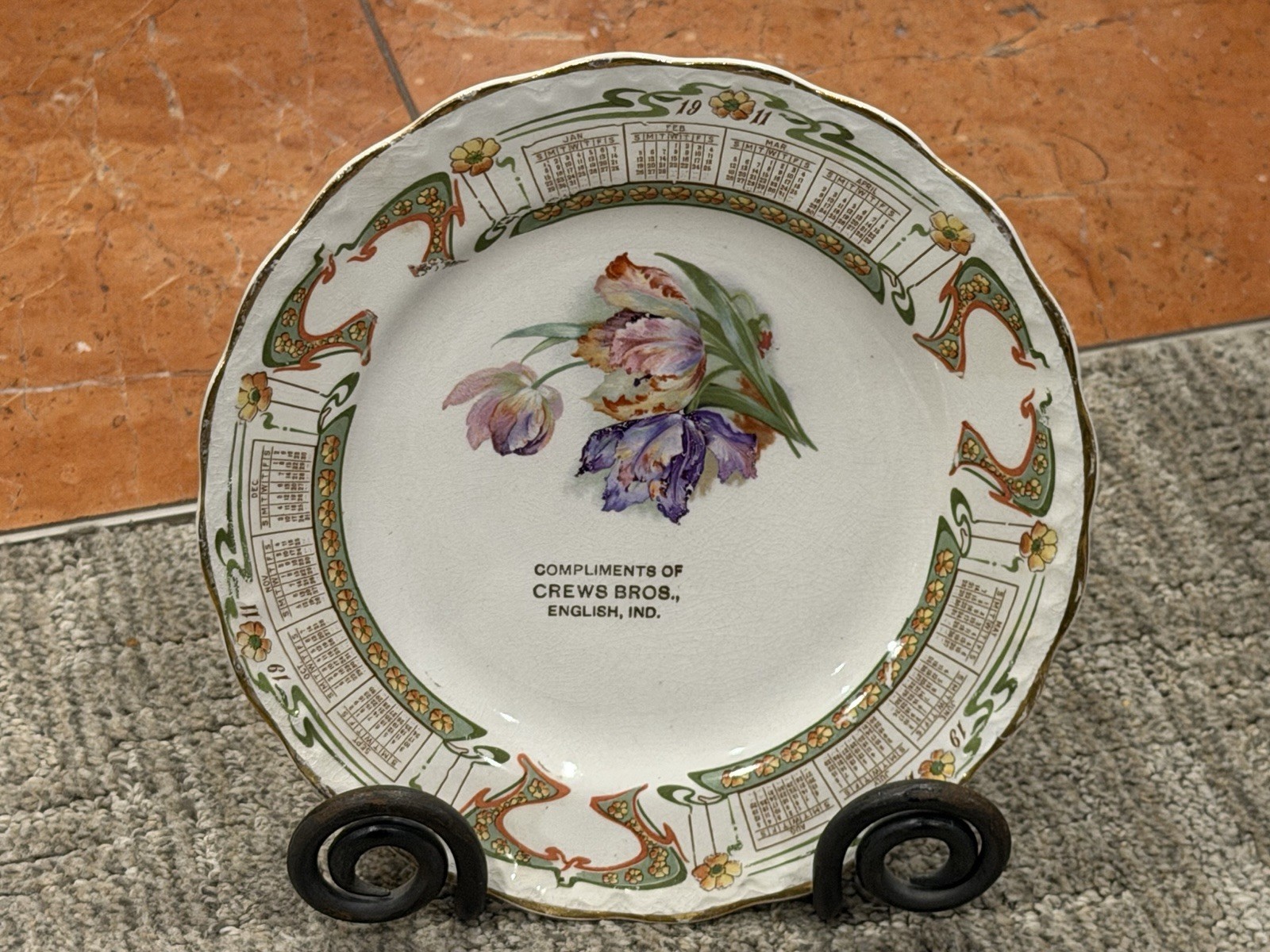 CARNATION MCNICOL 1911 CALENDAR 8″ ADV PLATE COMPLIMENTS CREWS BROS. ENGLISH IND
