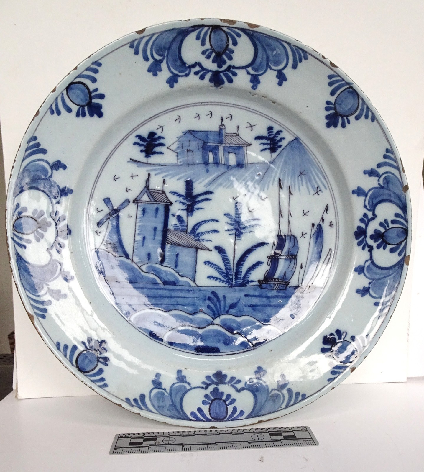 Large Blue Dutch Landscape Plate, 13.5 inches, mid 1700s