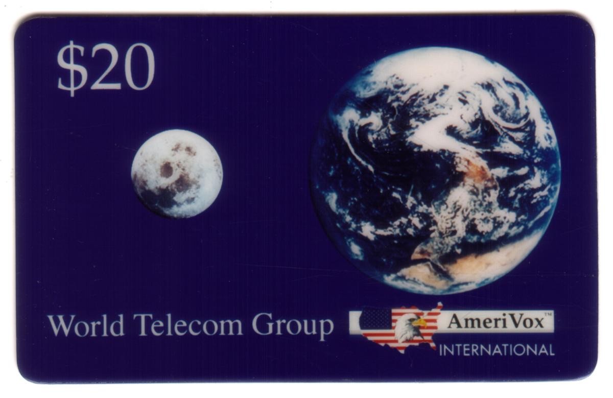 $20. Earth & Moon: World Telecom Group Intl: Dark Blue Space SPECIMEN Phone Card