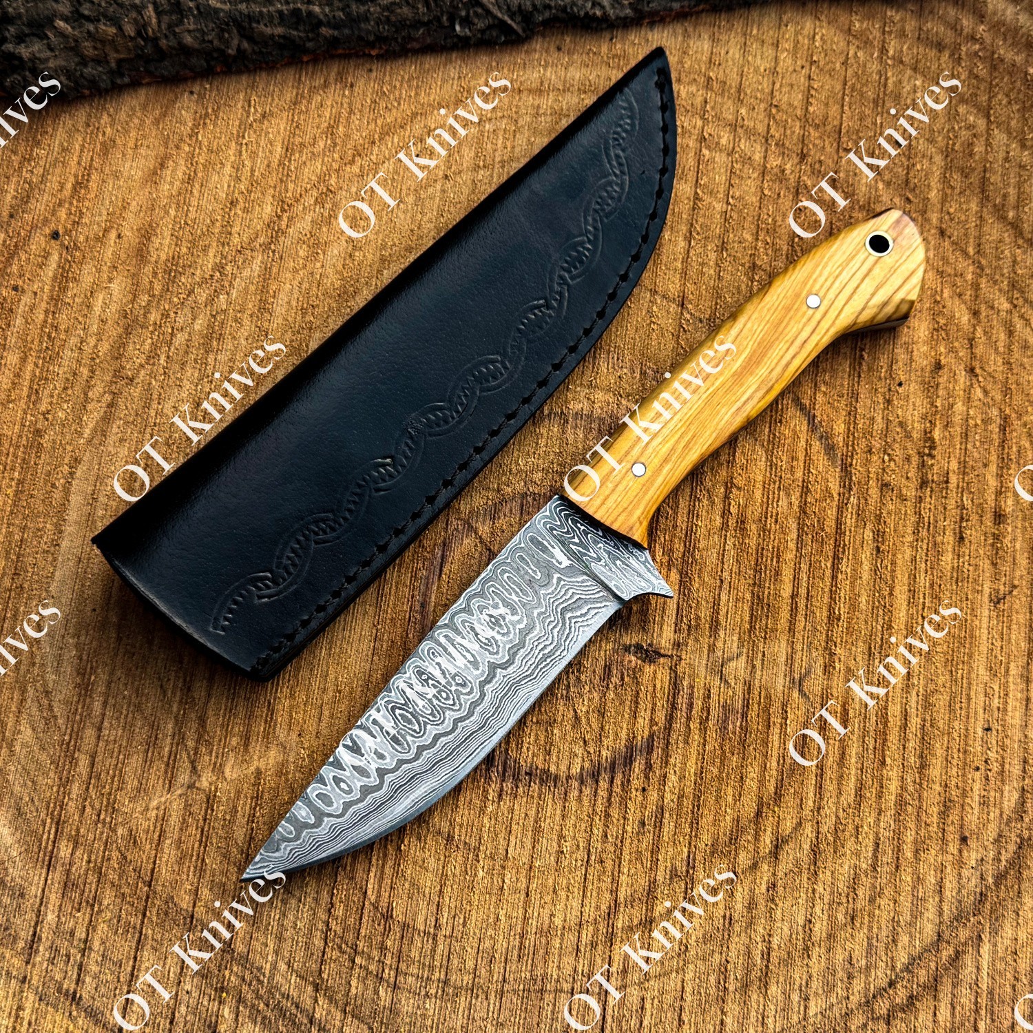 10″ Fixed Blade Damascus Steel Hunting Knife Olive Wood Ergonomic Handle Sheath