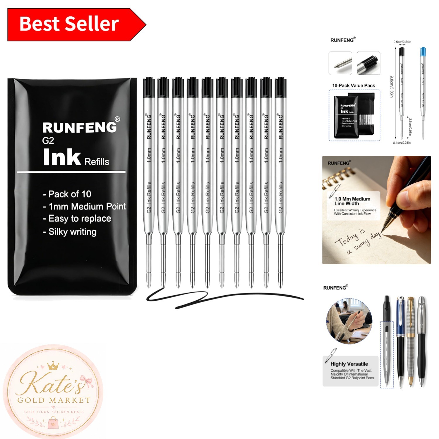 1.0mm Medium Point Black Ink Refills – Pack of 10 G2 Ballpoint Pen Replacements