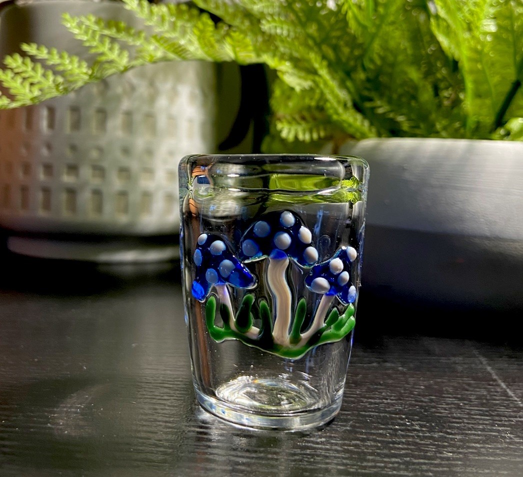 Glass Shot Blue Mushroom Hand Blown 2”