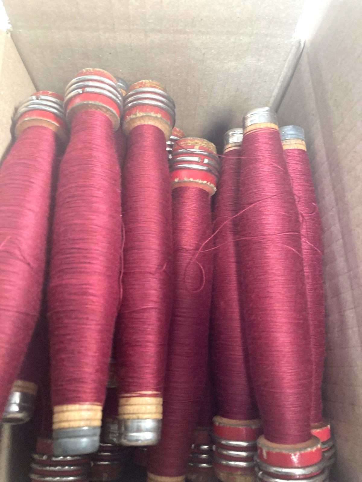 Wrapped Wood Quills, —ALL RED–, Bobbins, Spools, Threaded, Textile, lot of 30