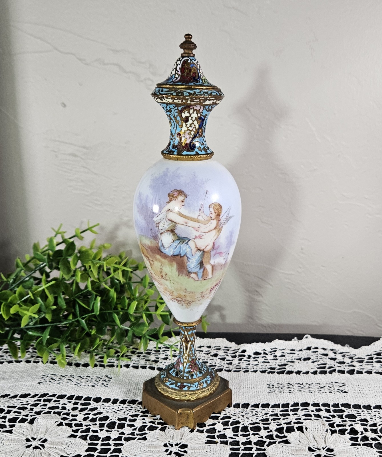 Antique French Sevres Style Porcelain Urn Champleve Enamel Vase Signed Carel 10″