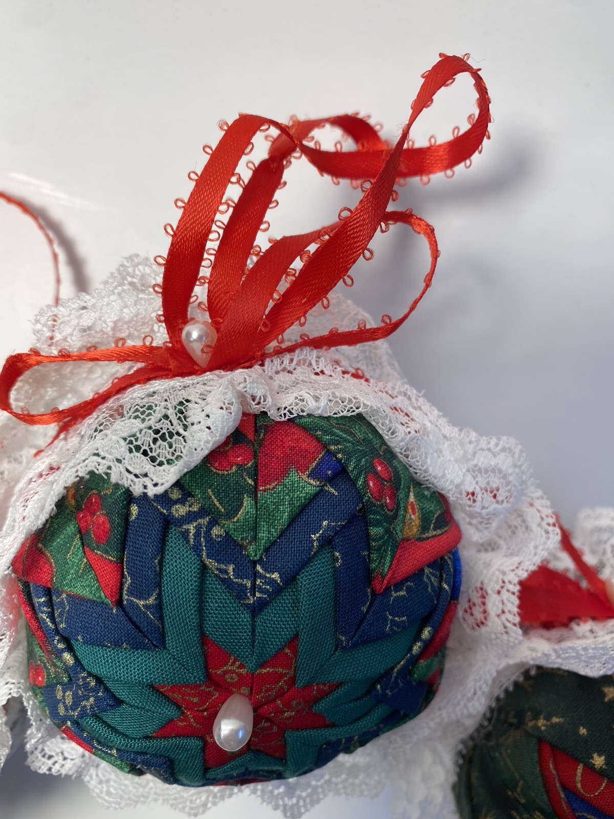 3 Vintage Handmade Folded Star Quilted Patch Red White Christmas Ball Ornament