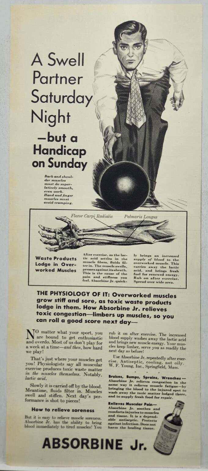 1937 Absorbine Jr Bowling Bowl Original Print Ad Life Magazine 30’s