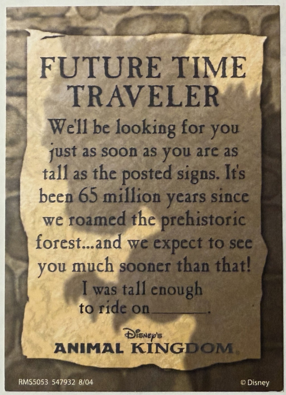 Animal Kingdom Dinosaur Ride Future Time Traveler Collector Card Disney World