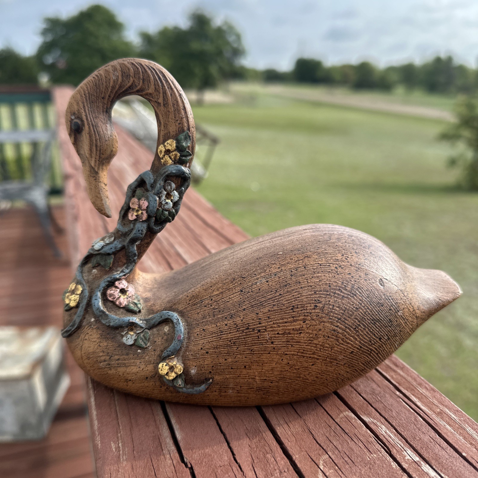 Faux Wood Swan Decoy Statue w/Detailed Flowers Hand Carved Country Primitive