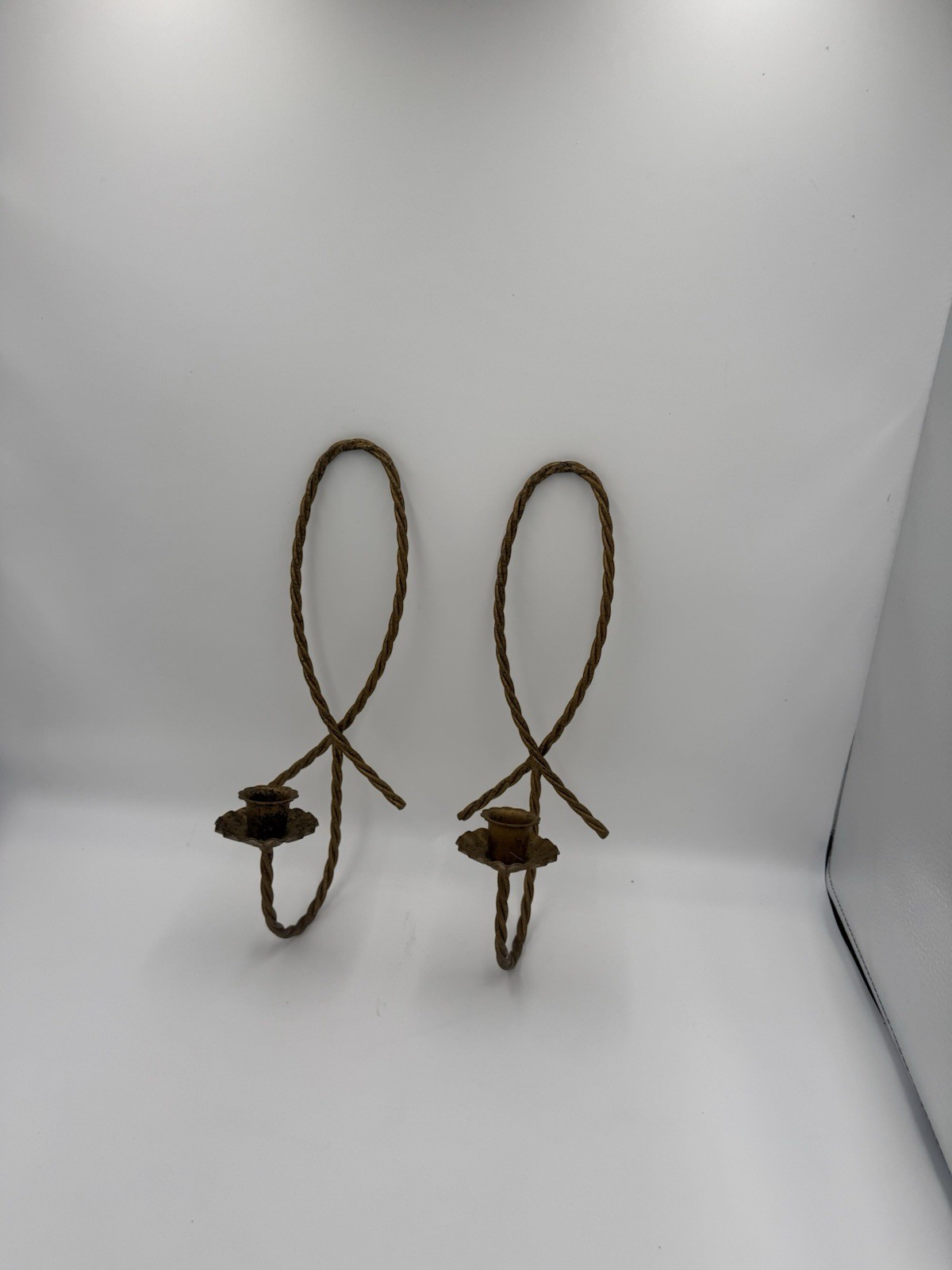 Gold Twisted Rope Metal Wall Candle Sconces Set (2) HOMCO Home Interior USA 12″