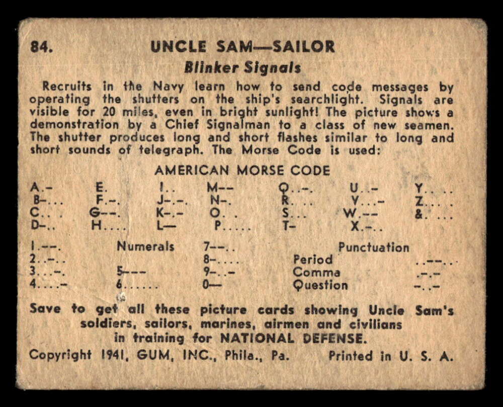 1941 War Gum Uncle Sam R164 Sailor-Blinker Signals #84 FR XX2663