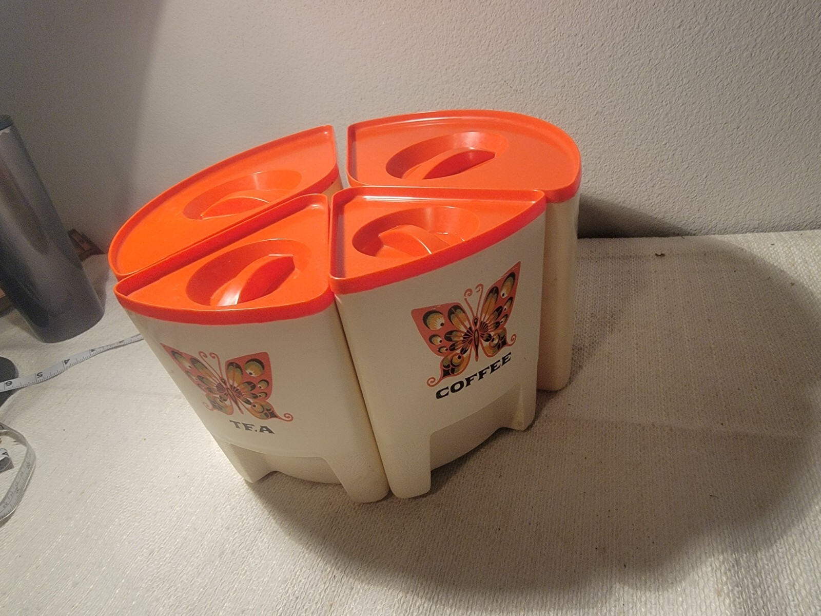 STERILITE -TEA ,COFFEE , SUGAR FLOUR SET BUTTERFLY MOTIF with Lids VINTAGE 60s