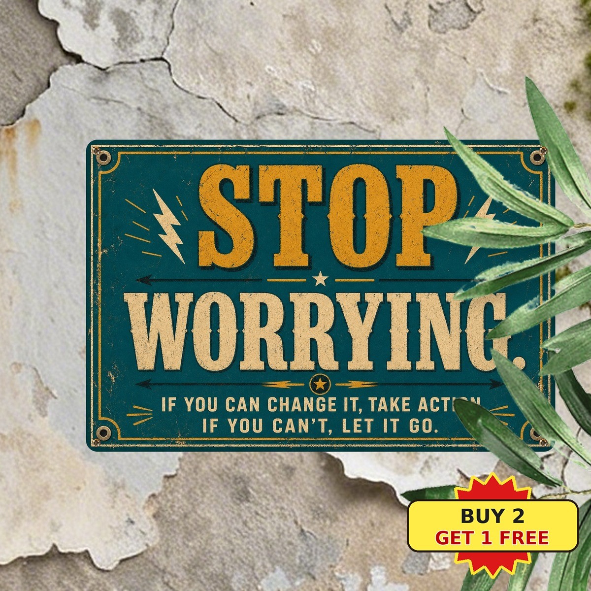 Inspirational Quote Stop Worrying Self Care Wall Art Plaque Metal Tin Sign Decor