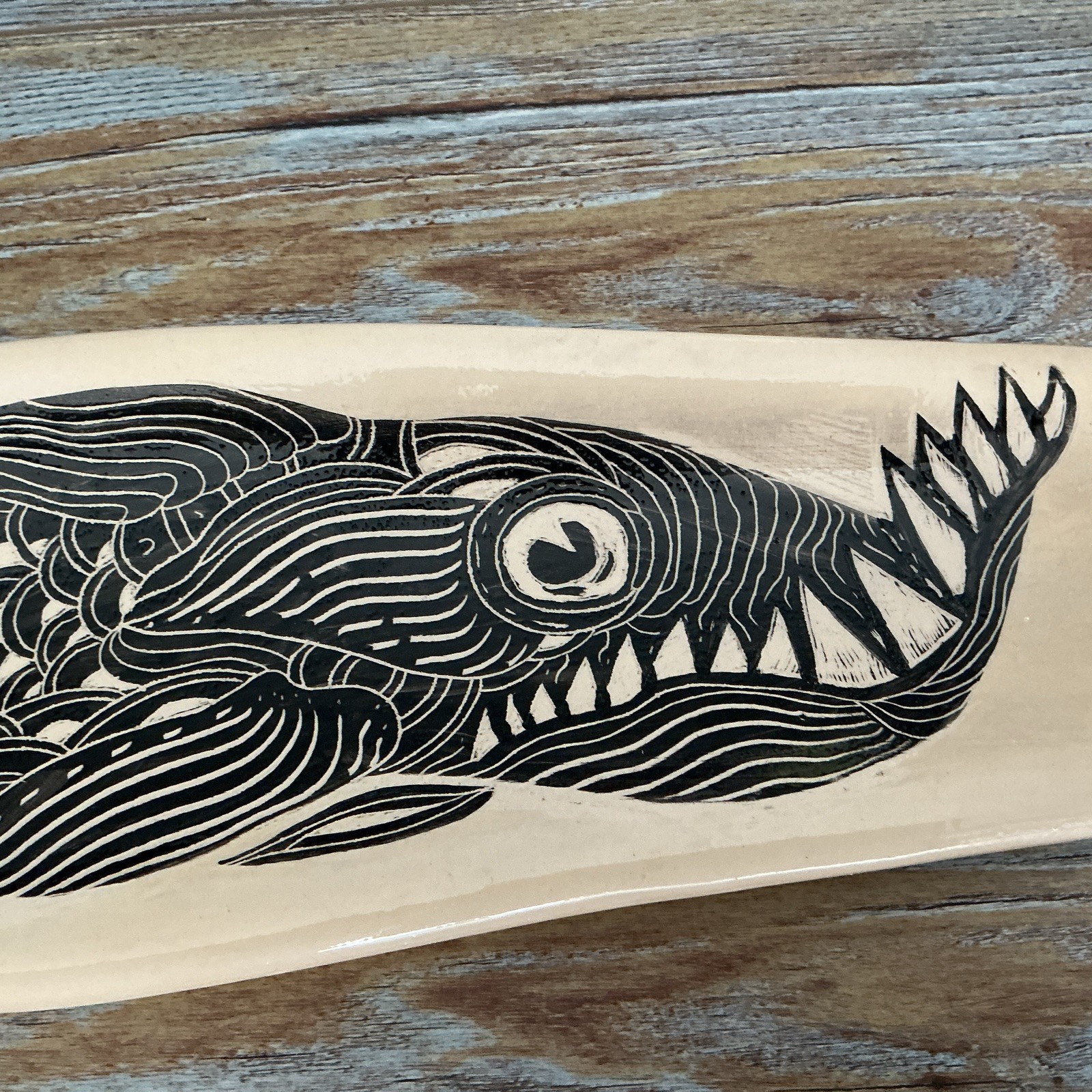 Vintage Mid Century MCM Studio Pottery Fish Tray Sgraffito Signed CAZAL 21”