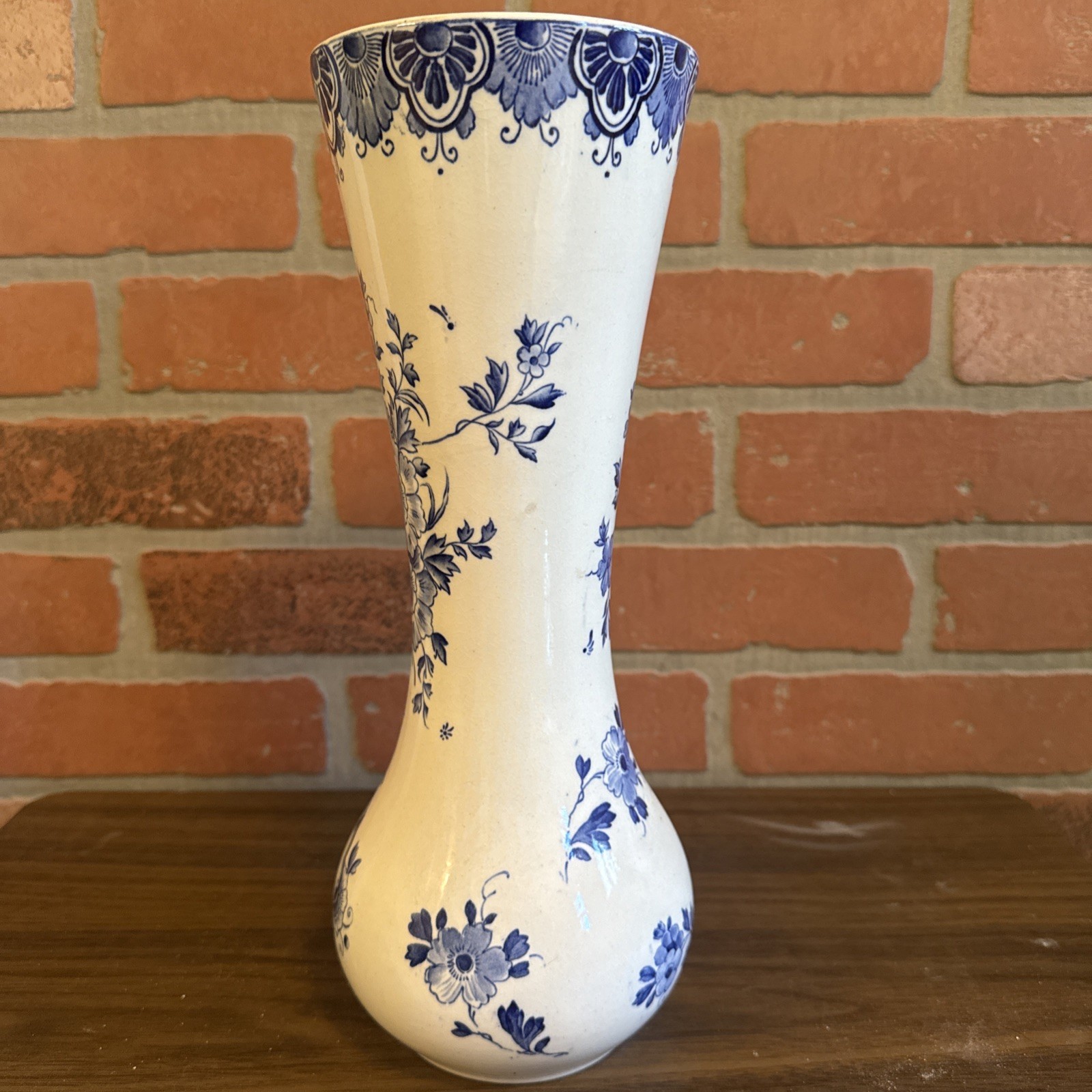 Vintage Delft Blue and White Vase Windmill Sailboat Flowers- 12-1/2″