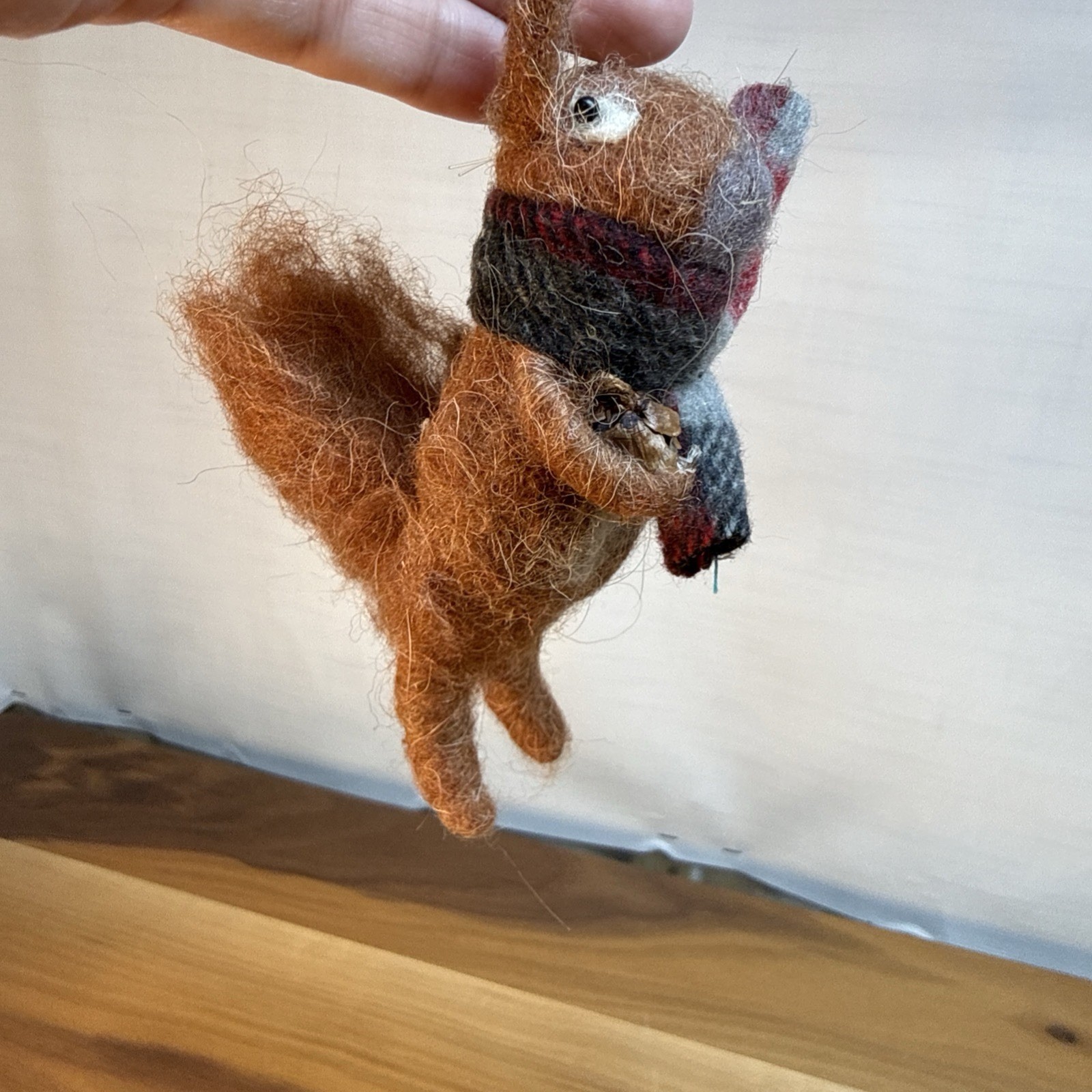 Handcrafted Needle Felted Wool Squirrel Pine Cone Scarf Christmas Ornament