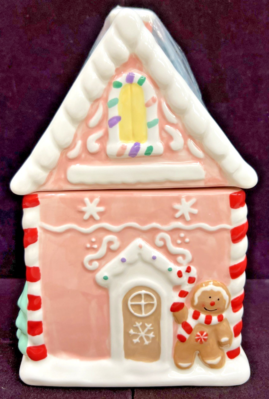 Sleigh Bell Bistro Pastel Colors Christmas Gingerbread House Cookie Jar 10″